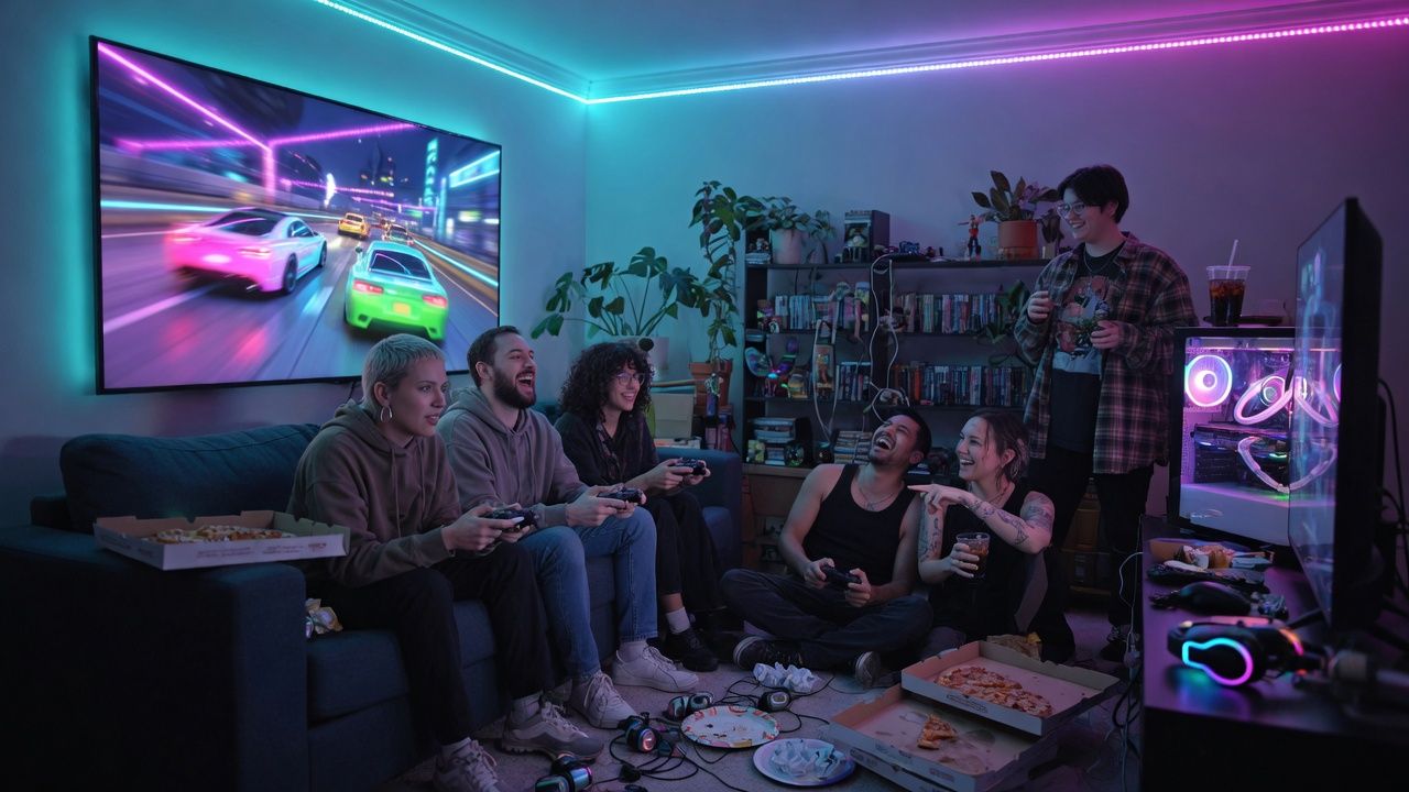 Vrienden gamen samen in een neonverlichte woonkamer